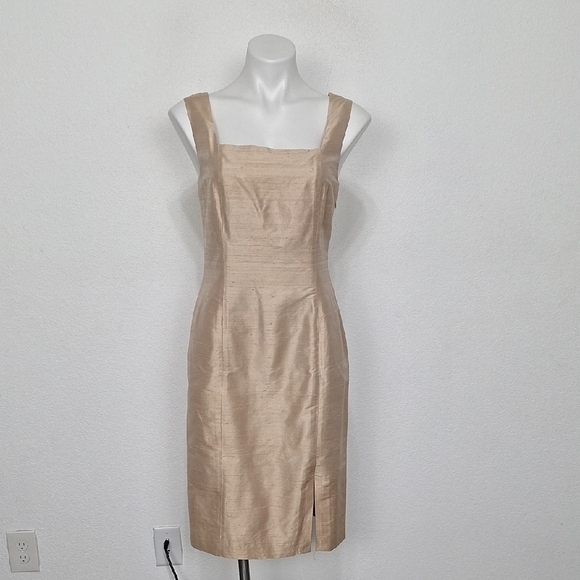 Finity Tan Quiet Luxury Cocktail 100% Silk Jacket and Dress Two Piece Set Size 8 - Picture 2 of 15